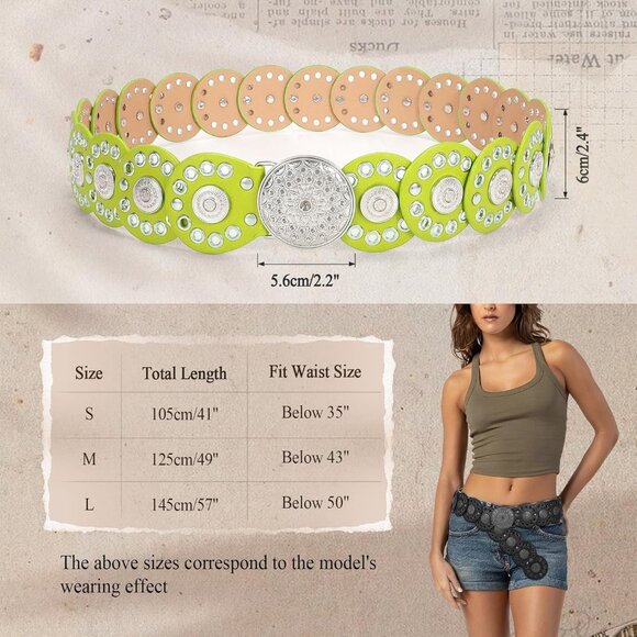 Women Vintage Disc Waist Concho Leather Belt Boho Waist Belt Light Green Silver - Picture 5 of 7